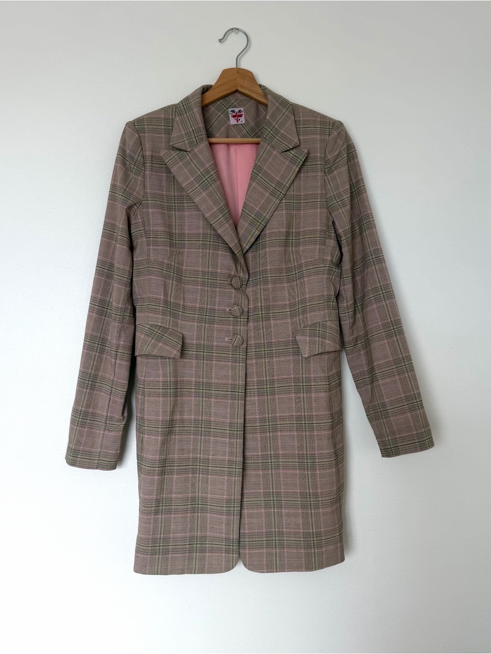 Vintage Plaid Pink and Brown Midi Length Tailored Classic Trench Coat